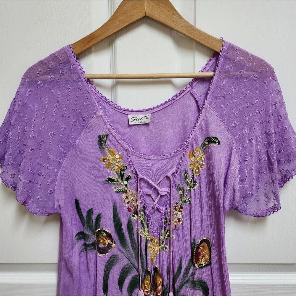 Sante Dress One Size Purple Floral Sequin Rhinestone Embroidered Hi Low Peasant
